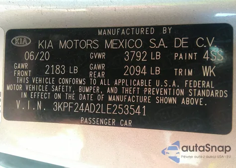 2020 Kia Forte Lxs из США, поврежденный, VIN 3KPF24AD2LE253541